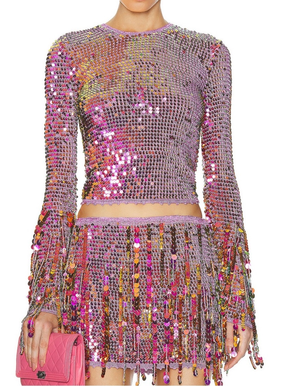 Retrofete Miriam Sequin Fringe Crochet Open Back Purple Pink Sweater Top M/L NEW